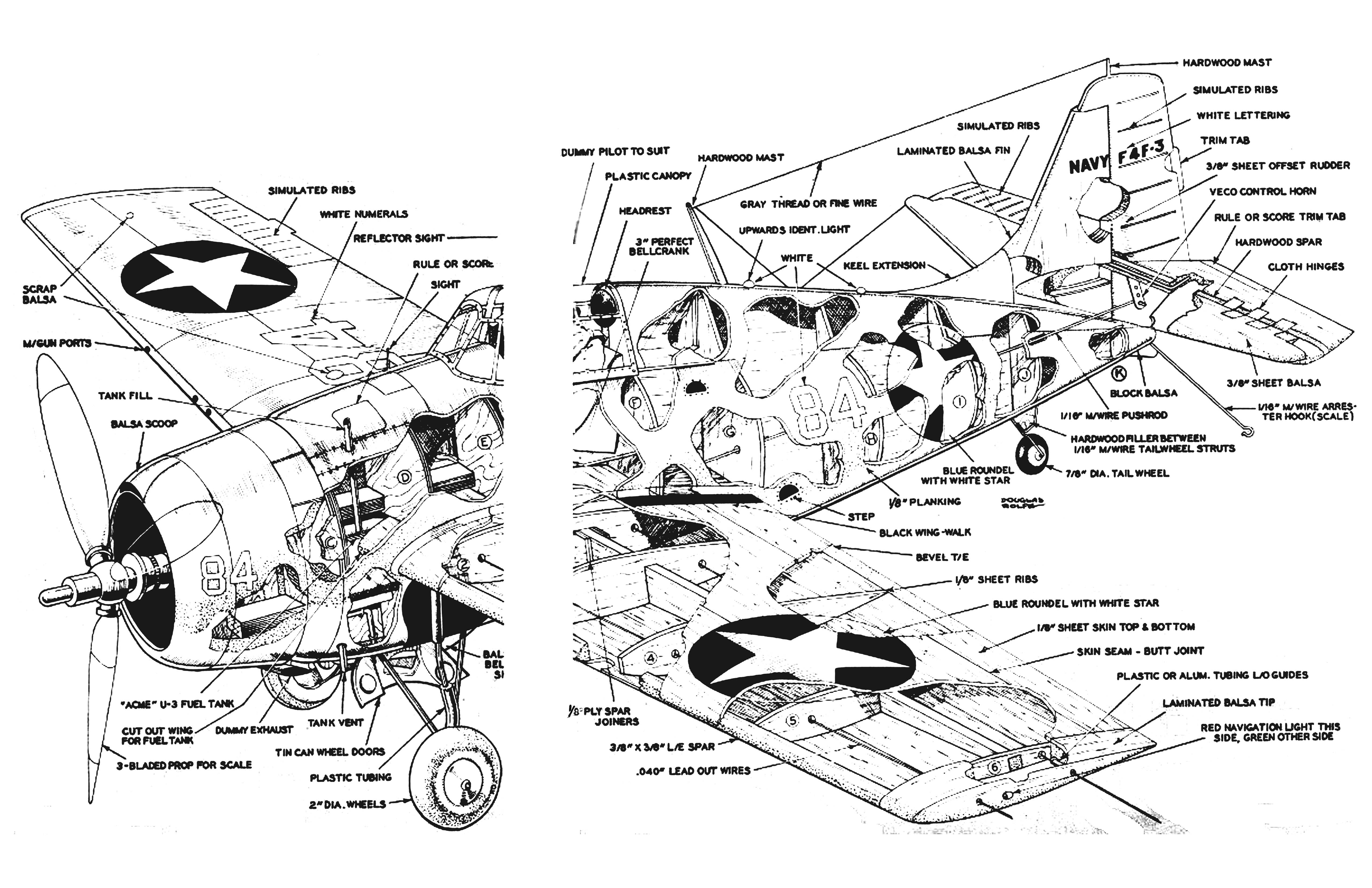 full size printed plans  control line  scale 1:12 f4f-3 grumman wildcat detailed plans