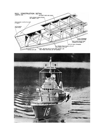 full size printed plans scale 1:72 missile ship length 48”  beam 7” suitable for radio control