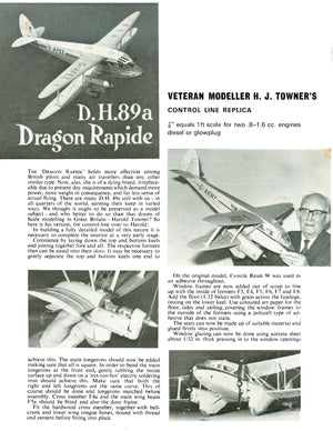 full size printed plans scale 7/8” = 1 ‘  control line 'dragon rapide' dh 89a 42" span biplane