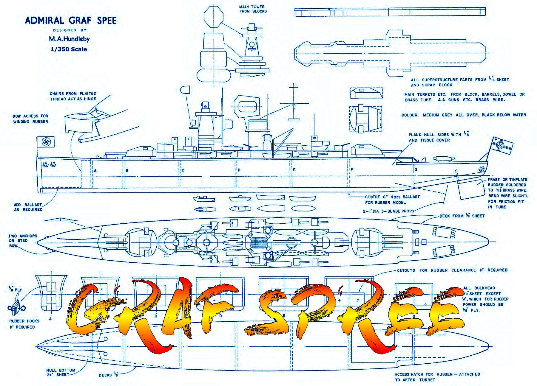 full size printed plans vintage 1960 semi-scale 1:300 suitable for small radio control