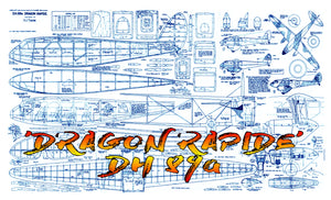 full size printed plans scale 7/8” = 1 ‘  control line 'dragon rapide' dh 89a 42" span biplane