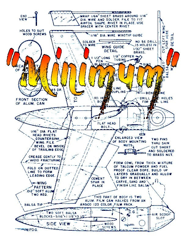 full size printed plan   control line speed  half a "minimum" wingspan 8”  engine .049
