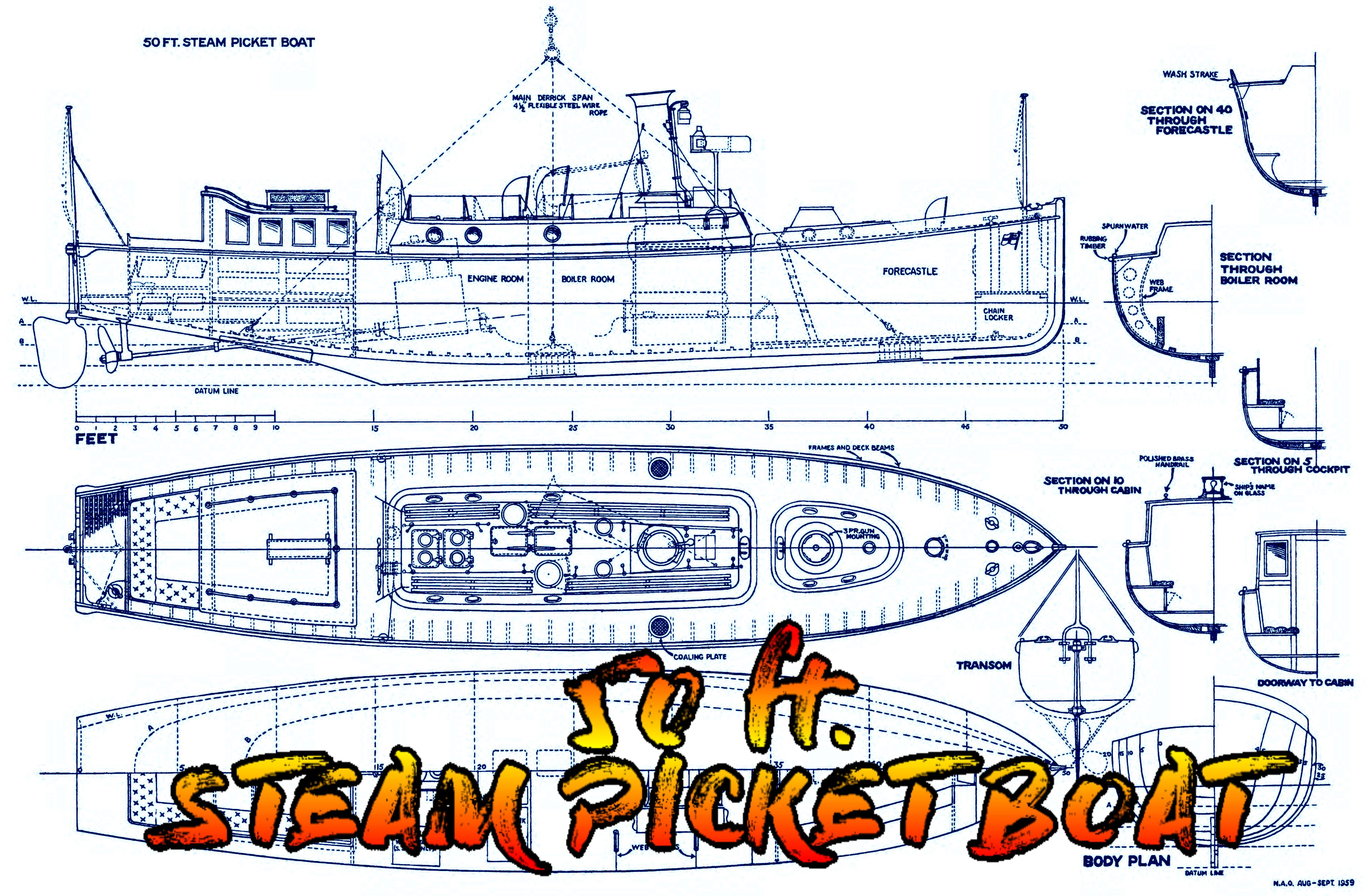 full size scale 1/16 drawings 50 ft. steam picket boat suitable for radio control