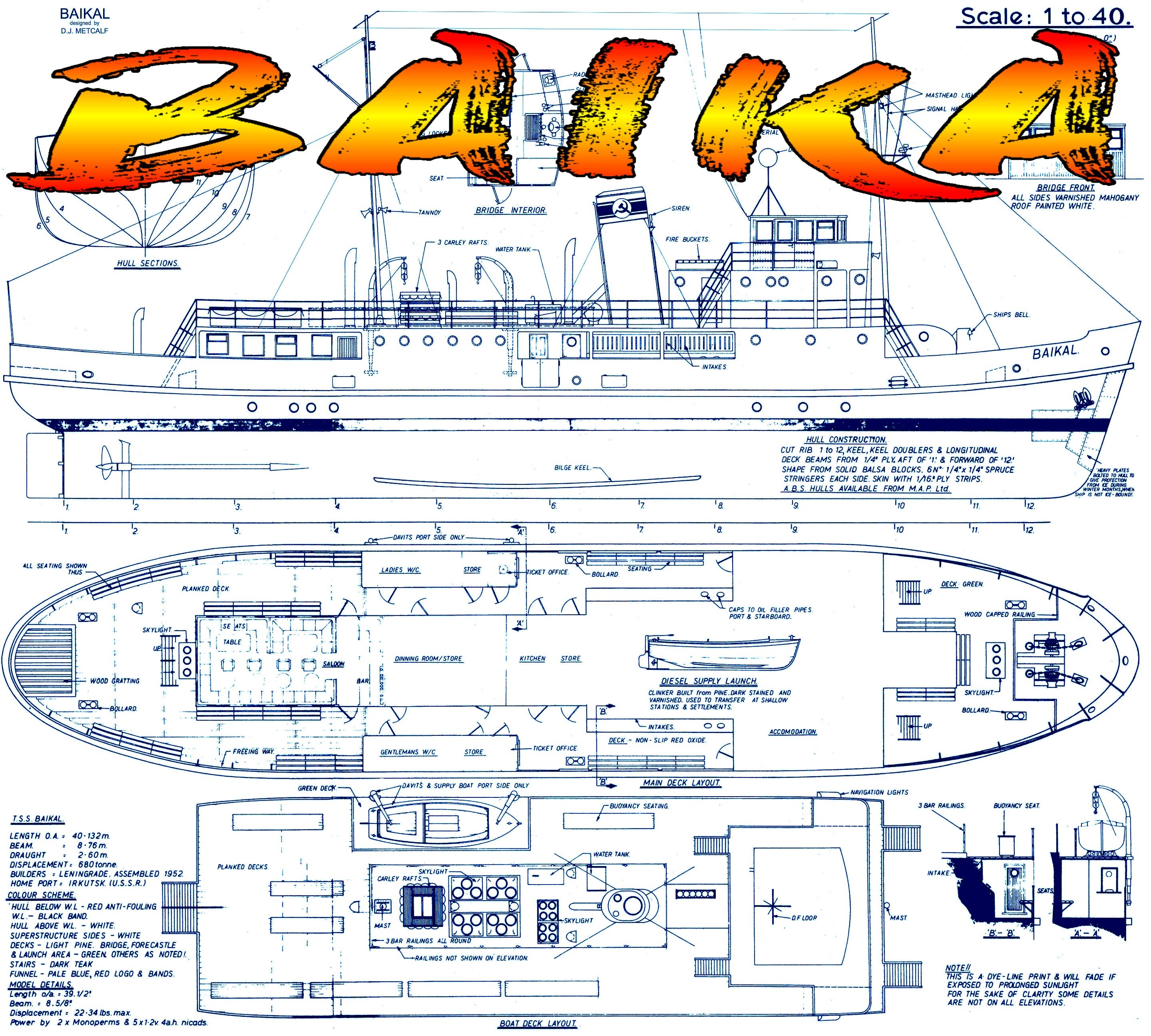 full size printed plan scale 1:40 russian lake steamer " baika " suitable for radio control