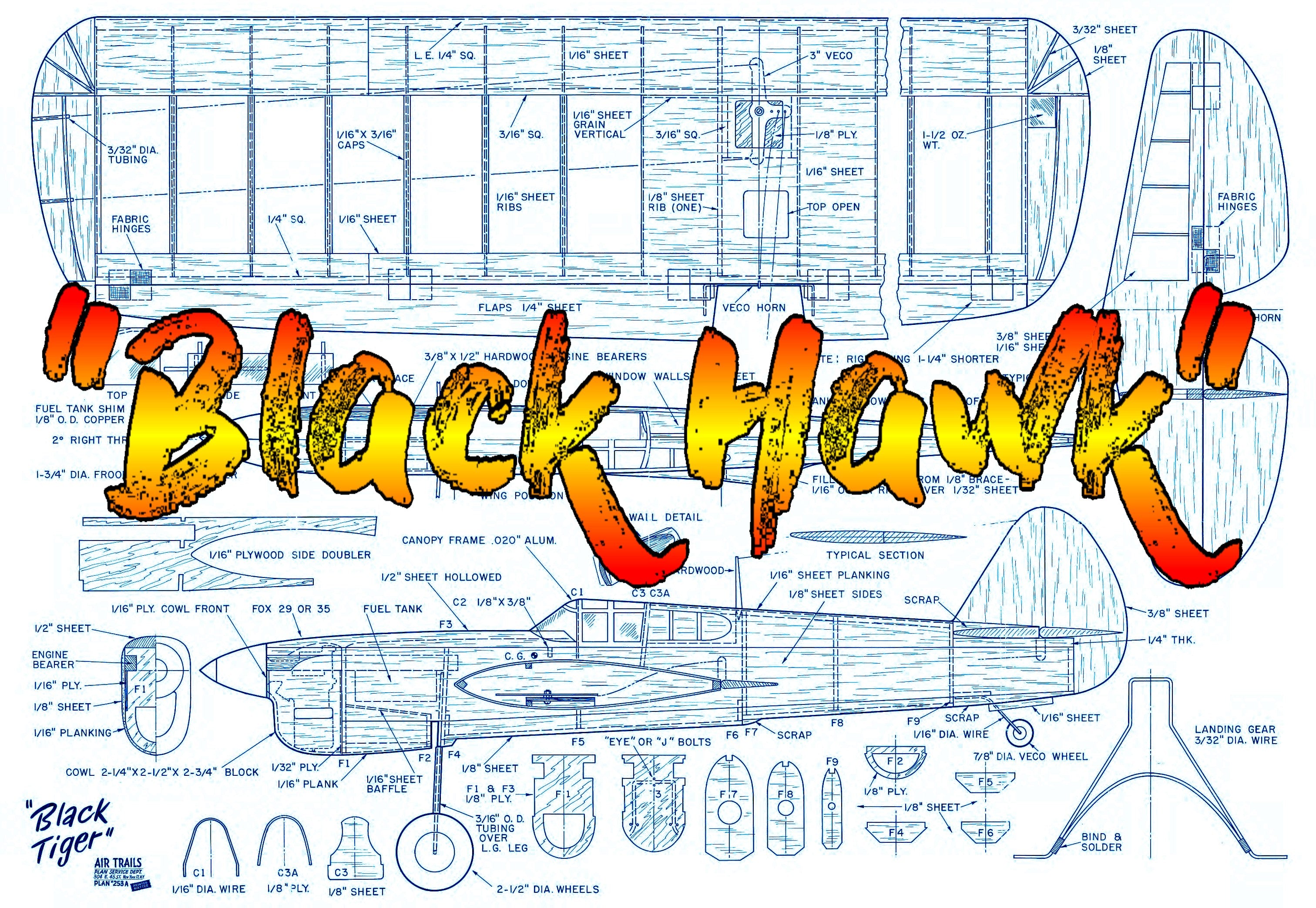 full size printed plans and article 1956 50" w/s .35 engine stunt plane black hawk