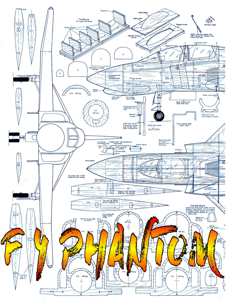 Full size printed F 4 PHANTOM plans vintage 1970 Radio or Control line ...