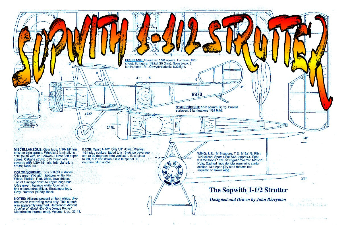 full size printed plans peanut scale "sopwith 1-1/2 strutter" wwi favorite