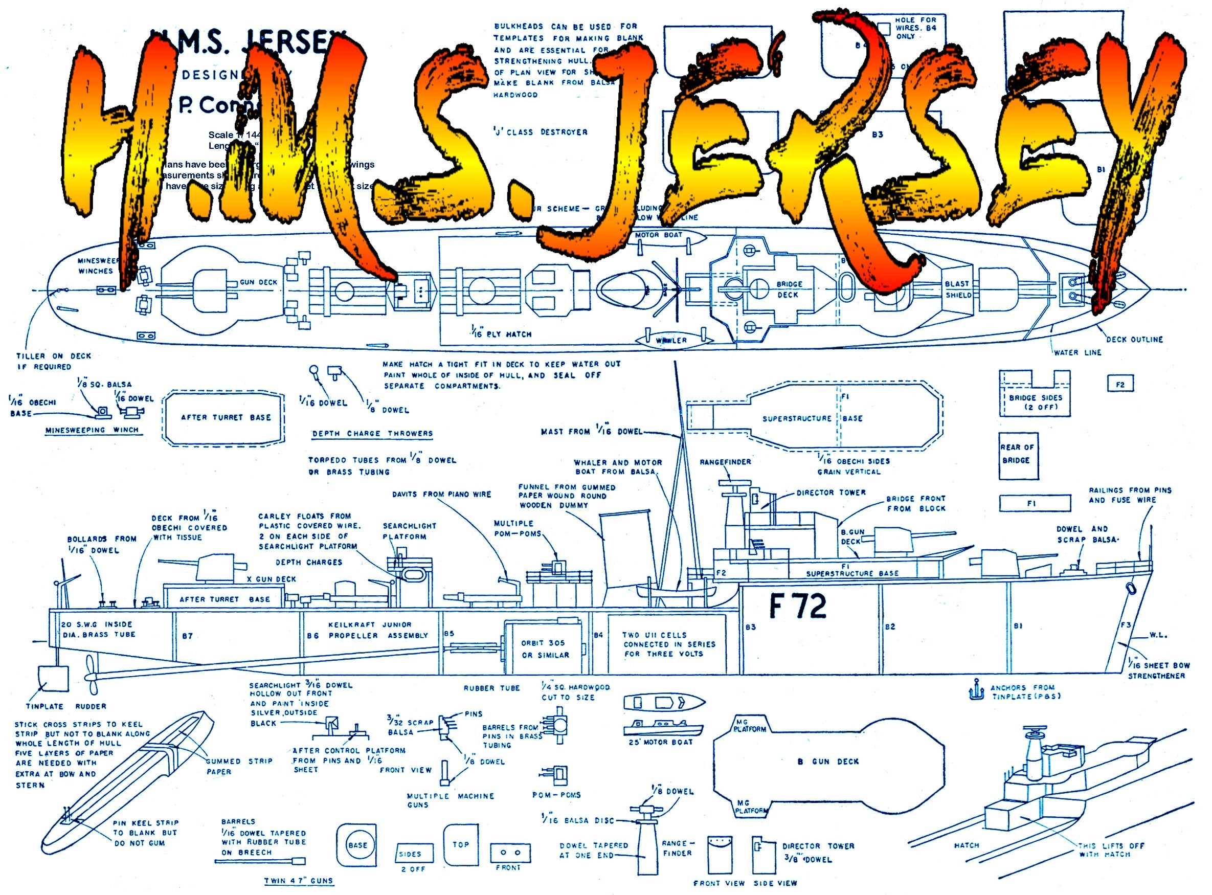 full size printed plans scale 1/144 destroyer h.m.s. jersey l 30" suitable for radio control