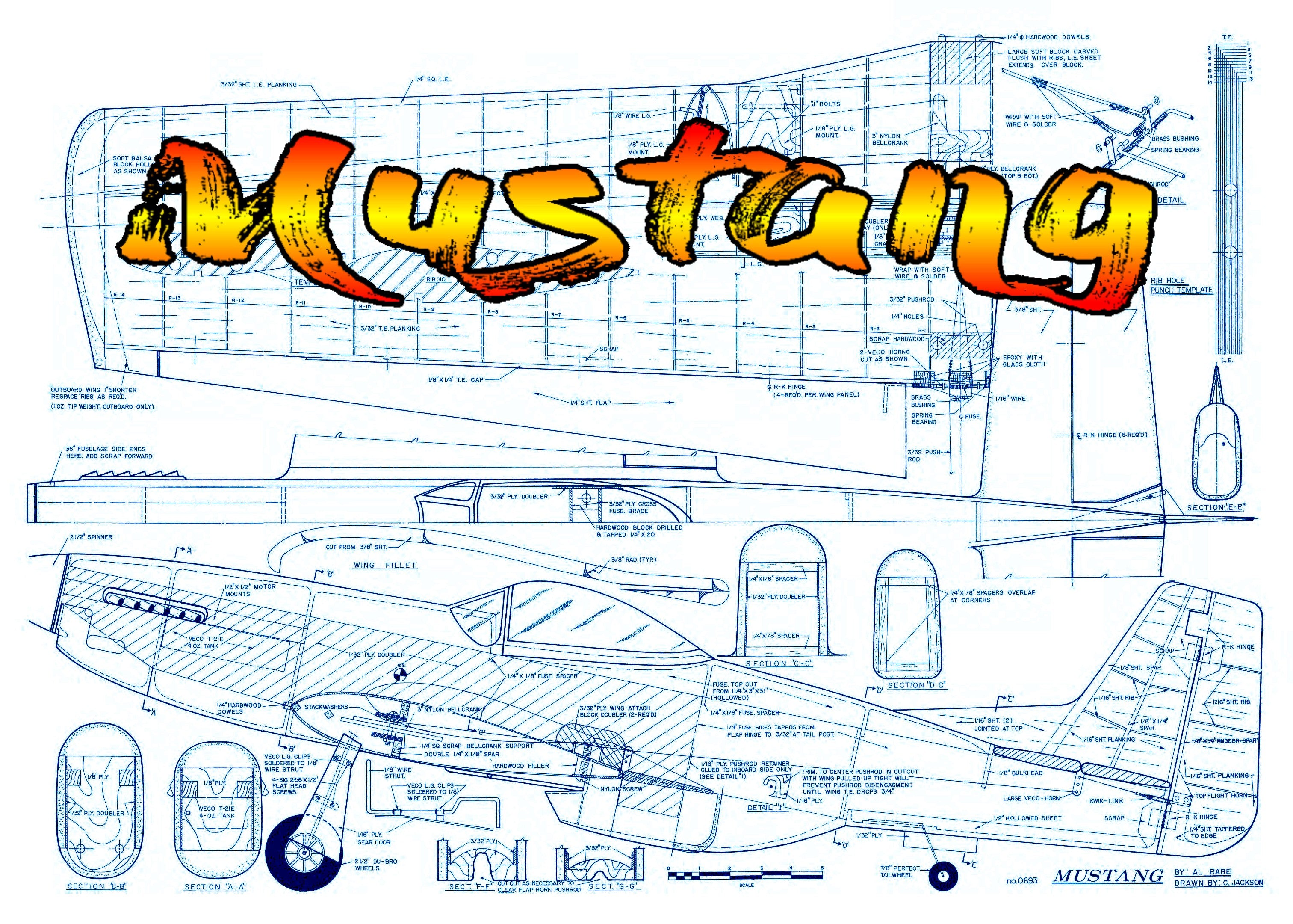 full size printed plans 1969 semi-scale control-line stunt mustang  contest-calibre stunter