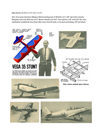 full size printed plan  vintage 1962 control line stunter “vega 35”  open-cockpit semi-scale