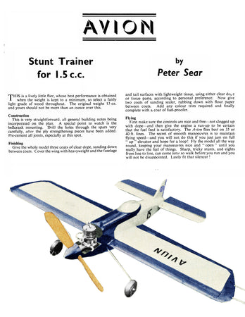 full size printed plan vintage 1963 control line  stunt trainer “avion” a lively little flier